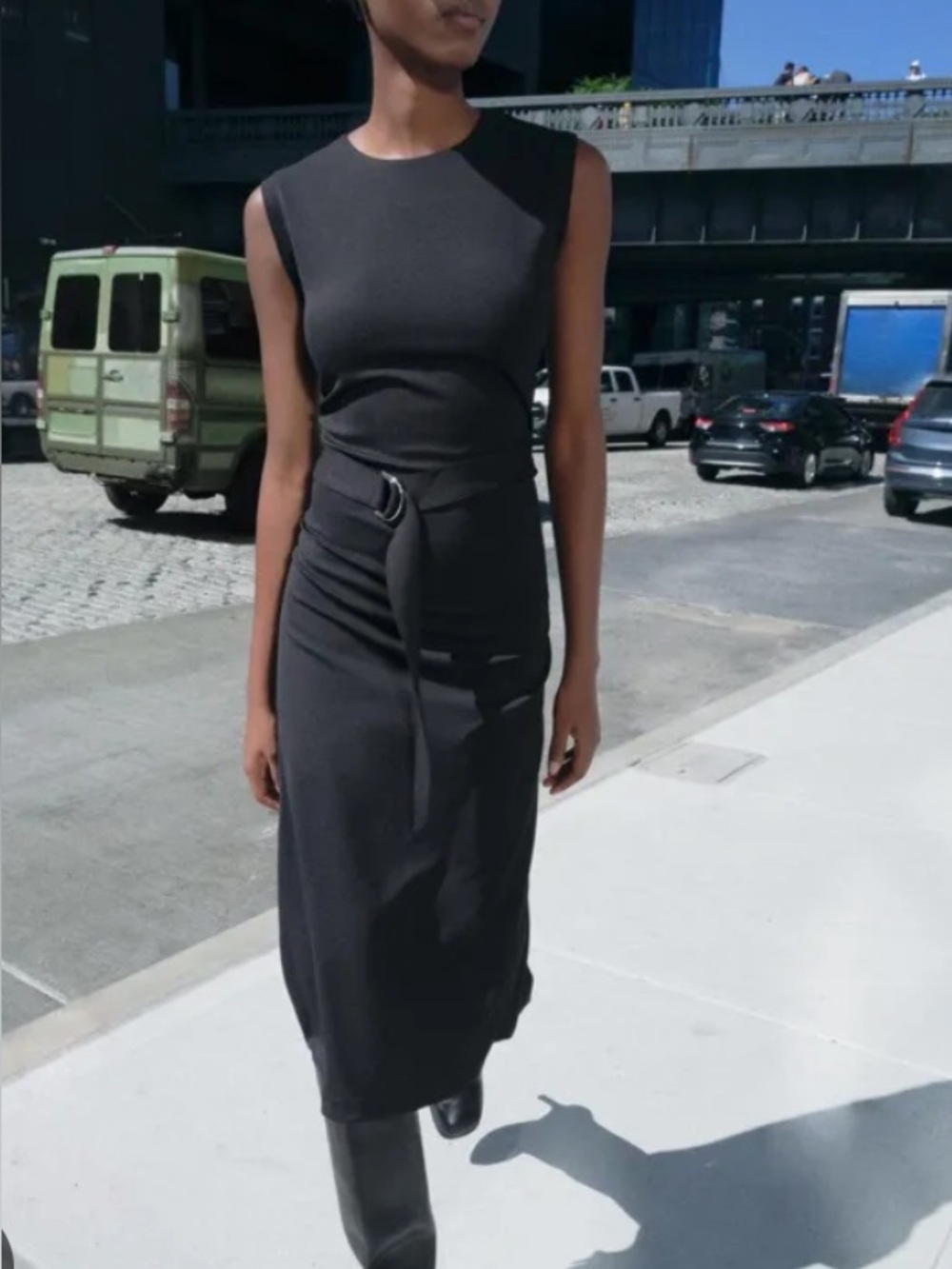 Zara Belted Black Midi Dress Size Large NWT